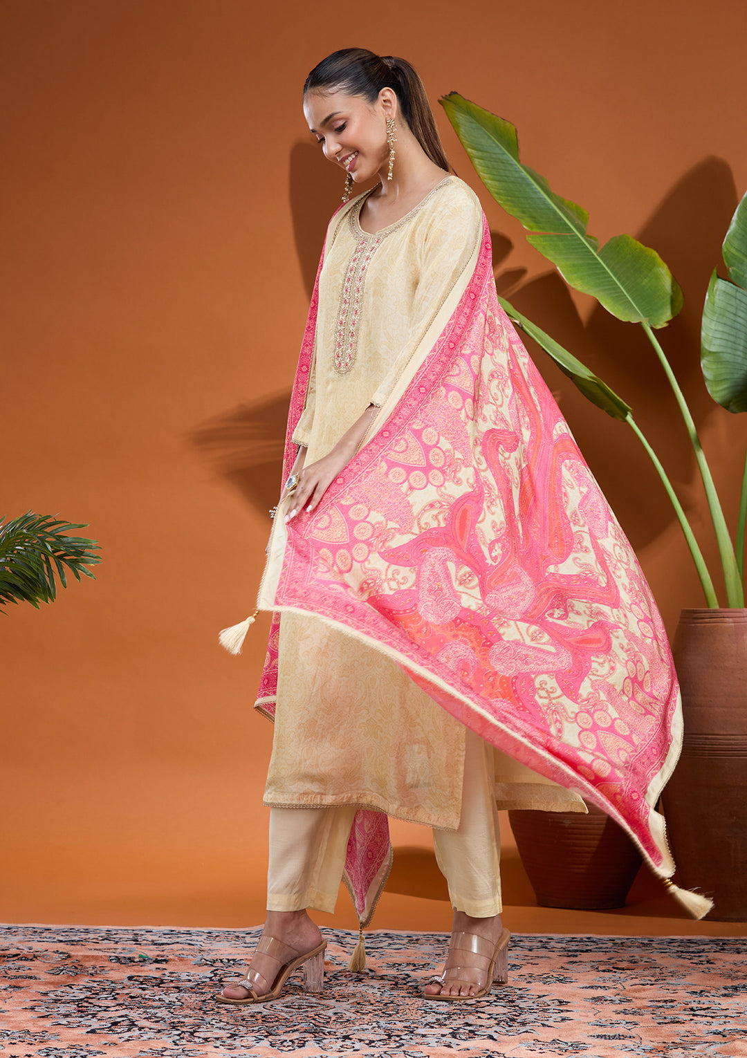 Cream Raw Silk Zariwork Straight Kurta With Regular Pant And Dupatta