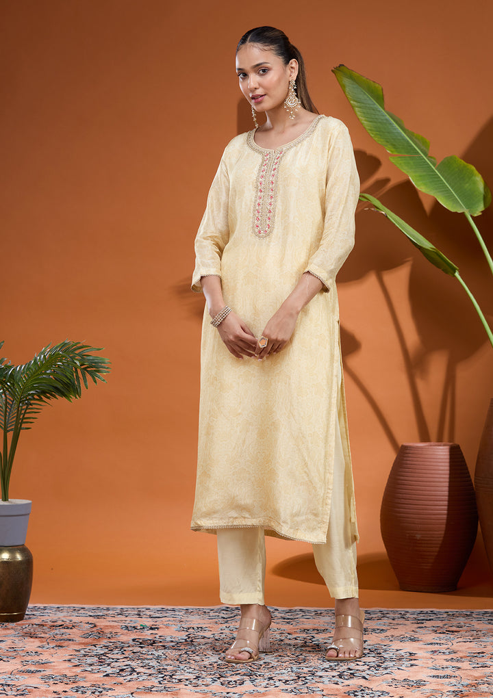 Cream Raw Silk Zariwork Straight Kurta With Regular Pant And Dupatta