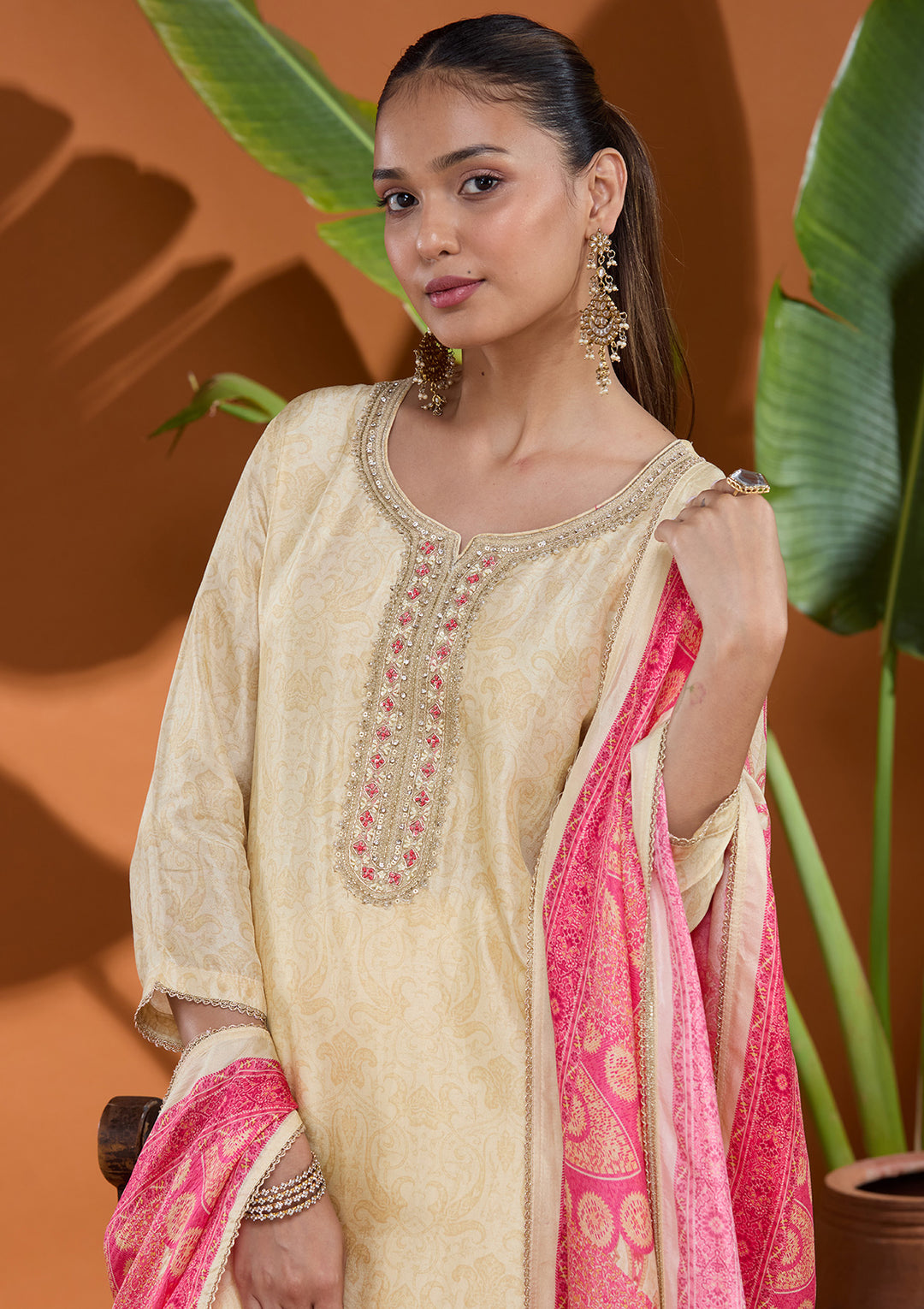 Cream Raw Silk Zariwork Straight Kurta With Regular Pant And Dupatta