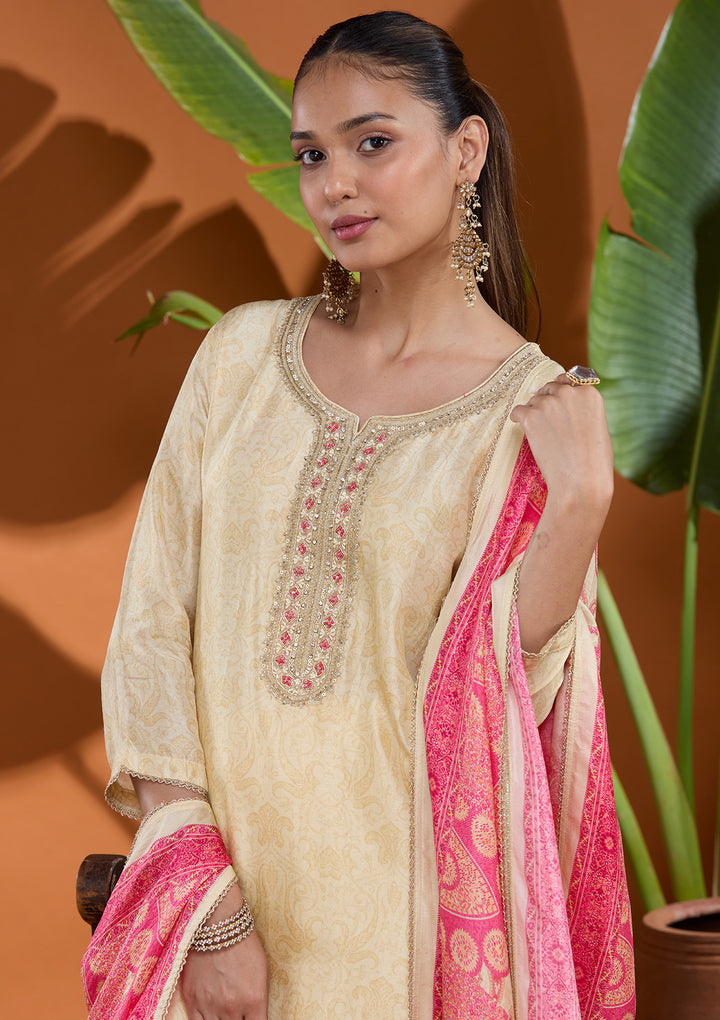 Cream Raw Silk Zariwork Straight Kurta With Regular Pant And Dupatta