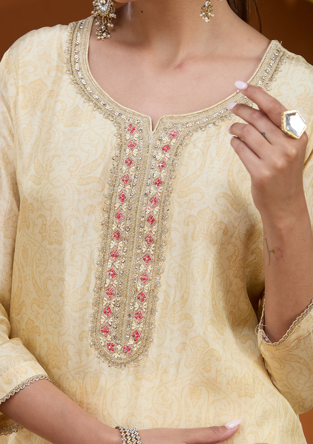 Cream Raw Silk Zariwork Straight Kurta With Regular Pant And Dupatta