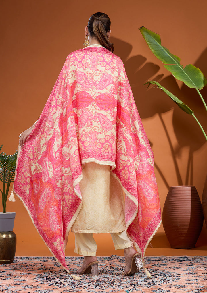 Cream Raw Silk Zariwork Straight Kurta With Regular Pant And Dupatta
