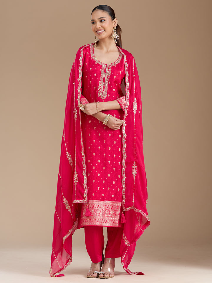 Rani Pink Sequins Soft Raw Silk Readymade Salwar Suit
