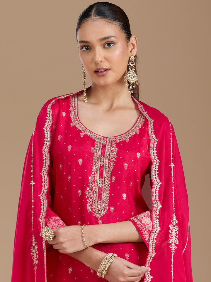 Rani Pink Sequins Soft Raw Silk Readymade Salwar Suit