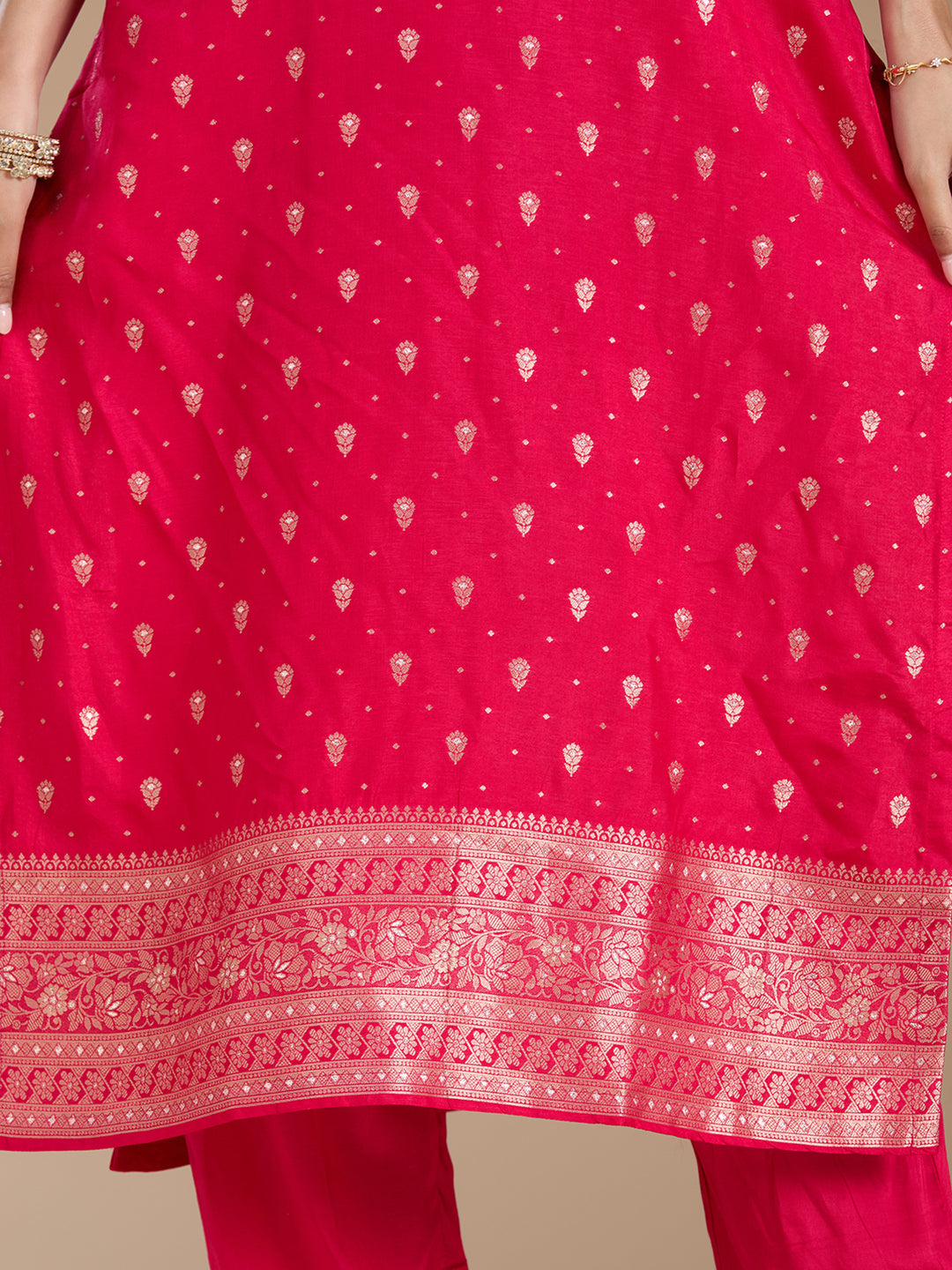 Rani Pink Sequins Soft Raw Silk Readymade Salwar Suit