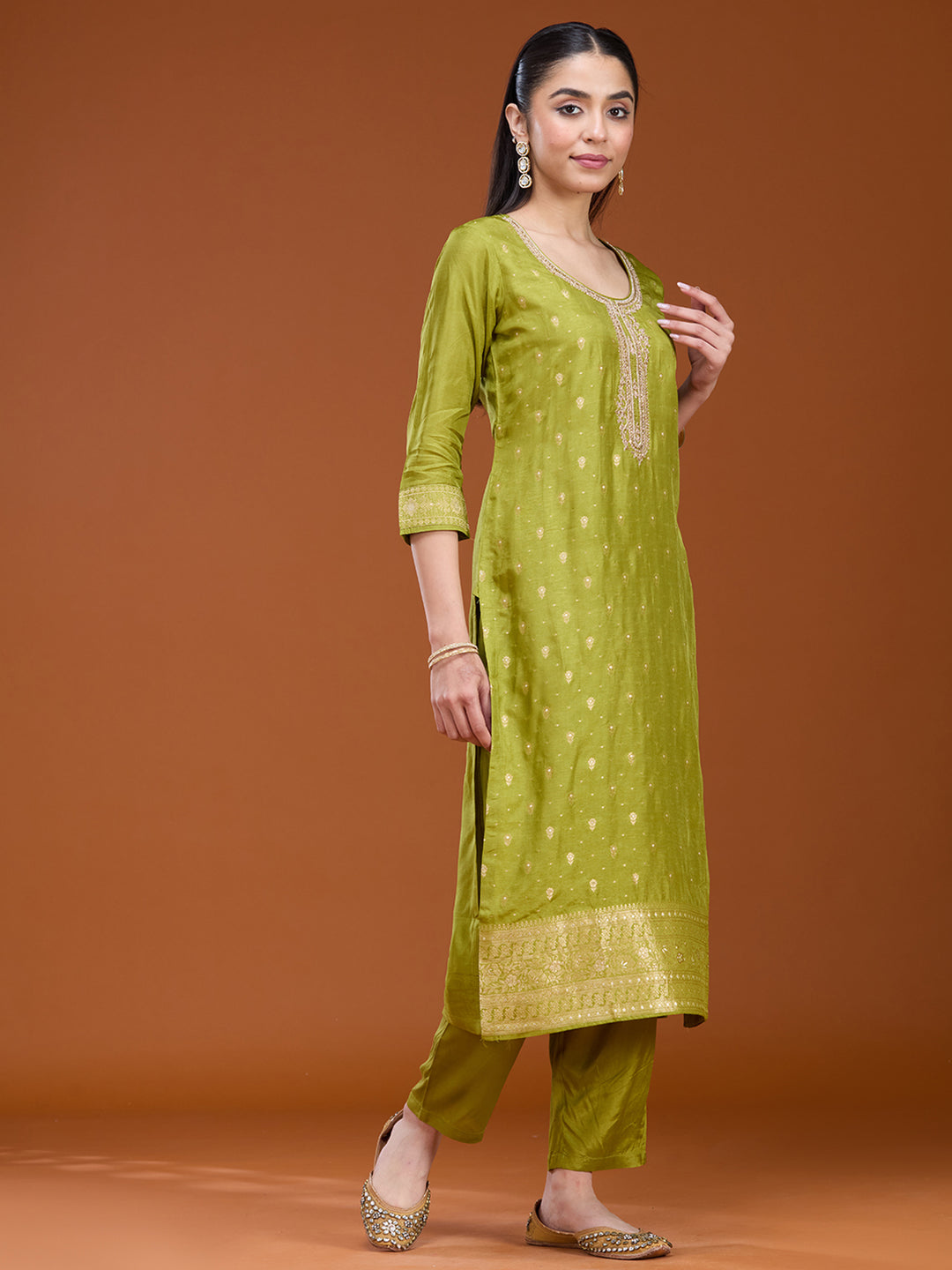 Leaf Green Zariwork (Gold) Brocade Readymade Salwar Suit