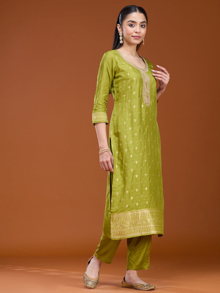 Leaf Green Zariwork (Gold) Brocade Readymade Salwar Suit