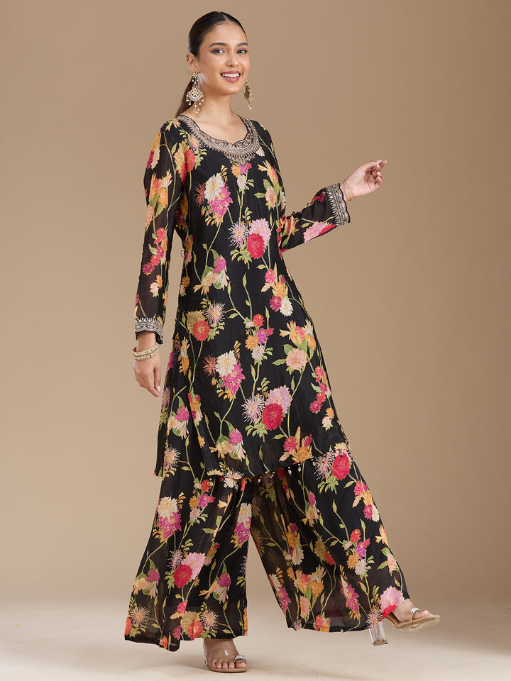 Black Threadwork Georgette Readymade Salwar Suit