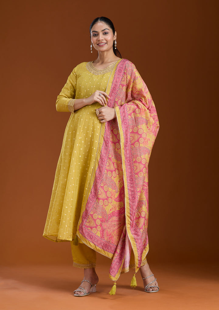 Mehendi Green Raw Silk Gold Zariwork Anarkali Kurta With Pant Regular And Dupatta