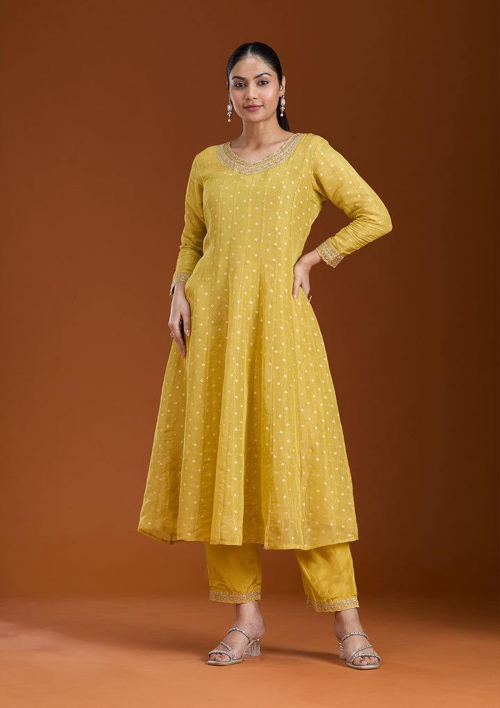 Mehendi Green Raw Silk Gold Zariwork Anarkali Kurta With Pant Regular And Dupatta