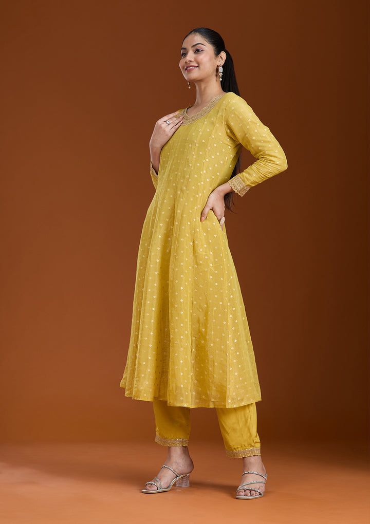 Mehendi Green Raw Silk Gold Zariwork Anarkali Kurta With Pant Regular And Dupatta