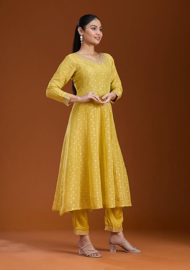Mehendi Green Raw Silk Gold Zariwork Anarkali Kurta With Pant Regular And Dupatta