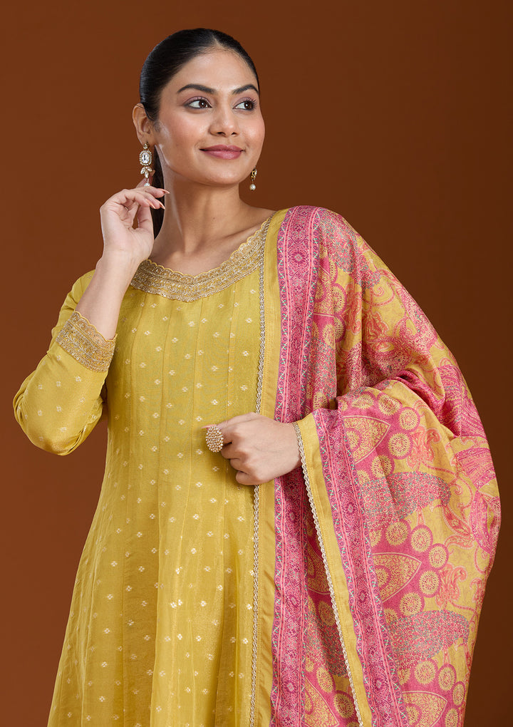 Mehendi Green Raw Silk Gold Zariwork Anarkali Kurta With Pant Regular And Dupatta