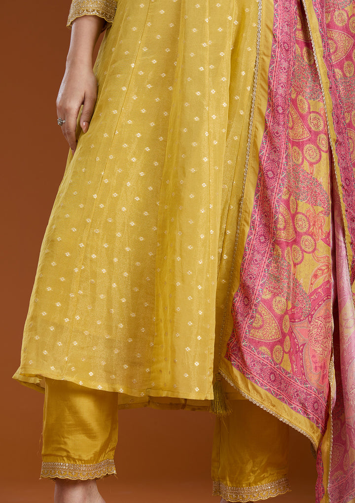 Mehendi Green Raw Silk Gold Zariwork Anarkali Kurta With Pant Regular And Dupatta