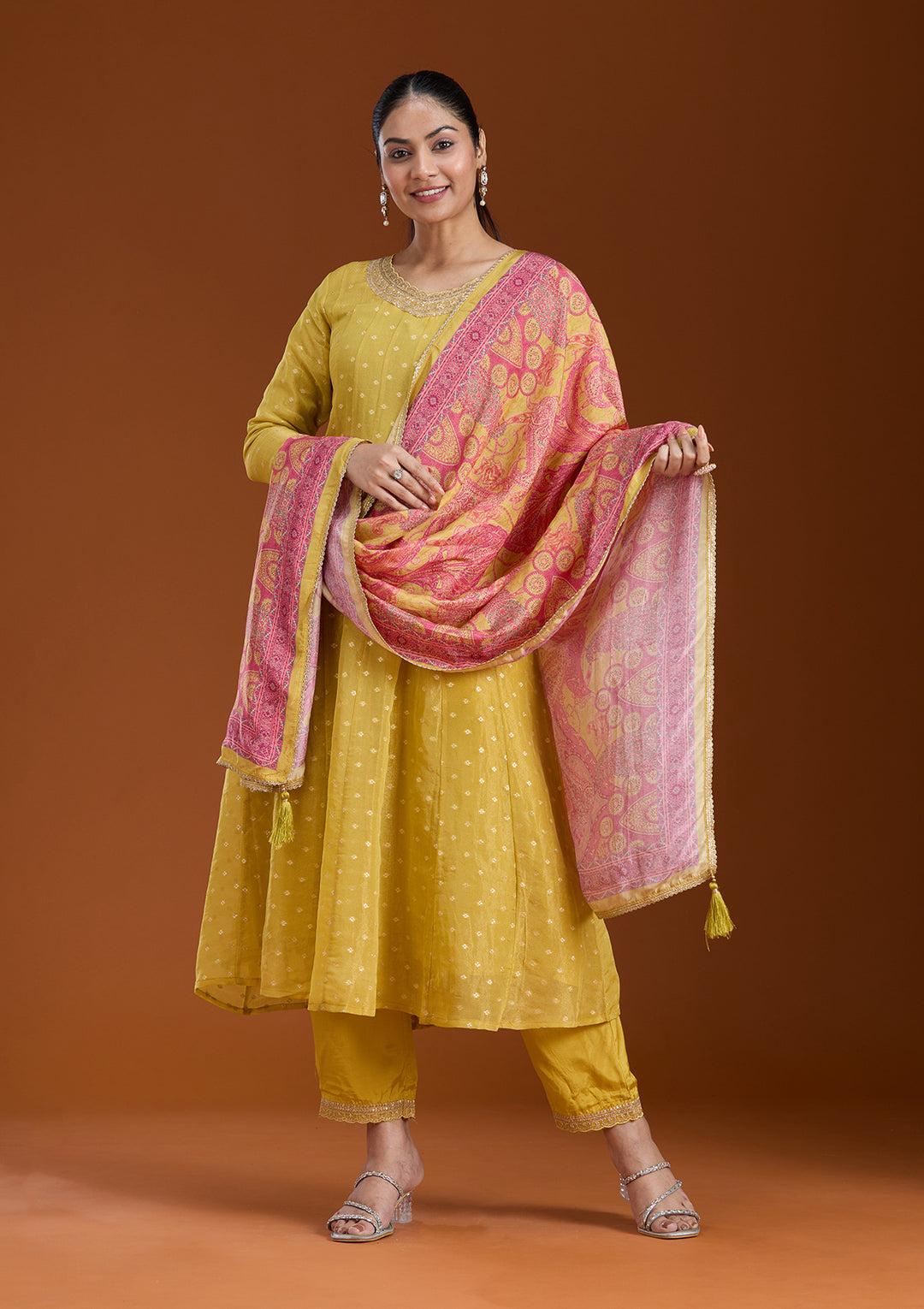 Mehendi Green Raw Silk Gold Zariwork Anarkali Kurta With Pant Regular And Dupatta