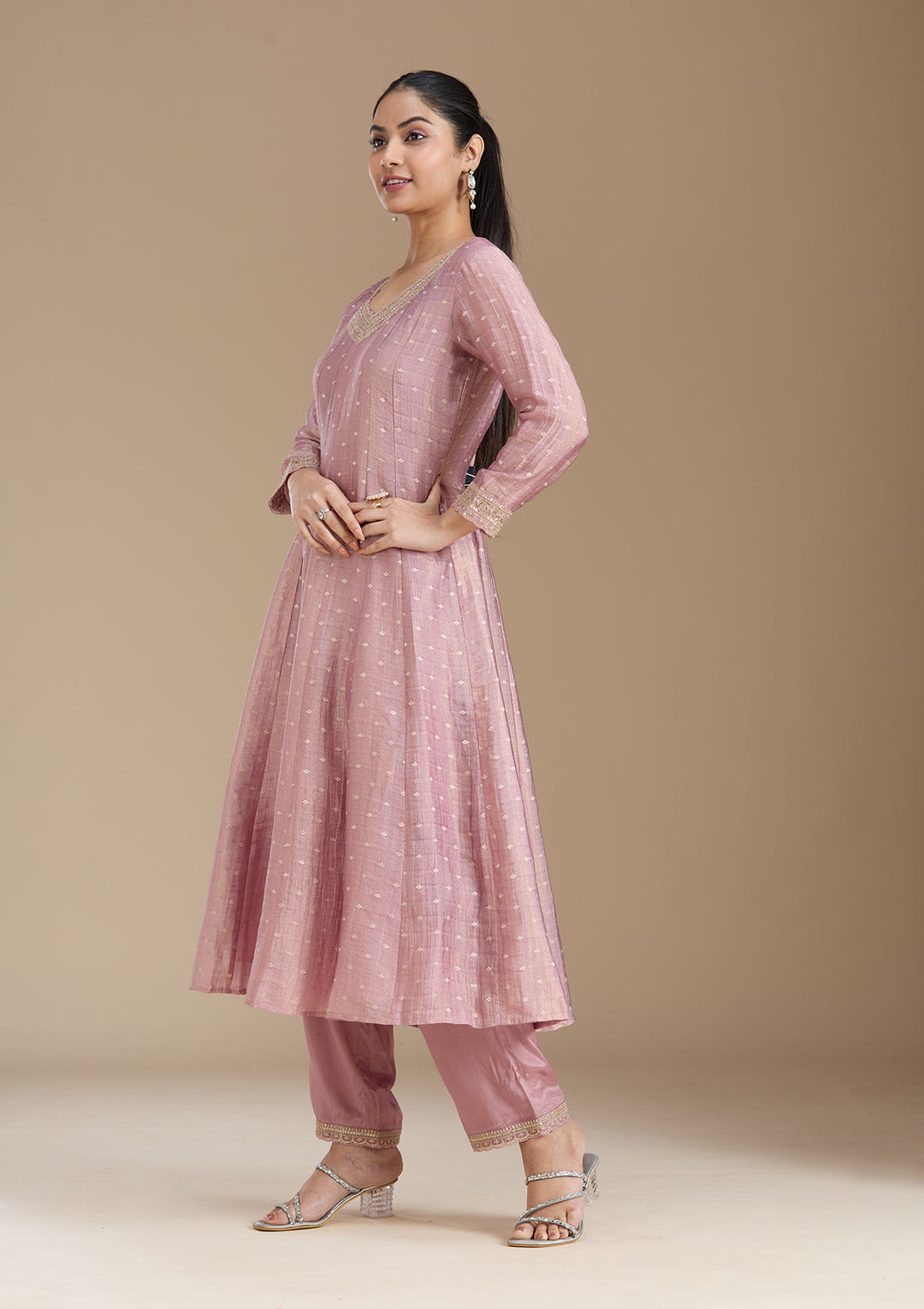 Mauve Zariwork (Gold) Tissue Readymade Salwar Suit