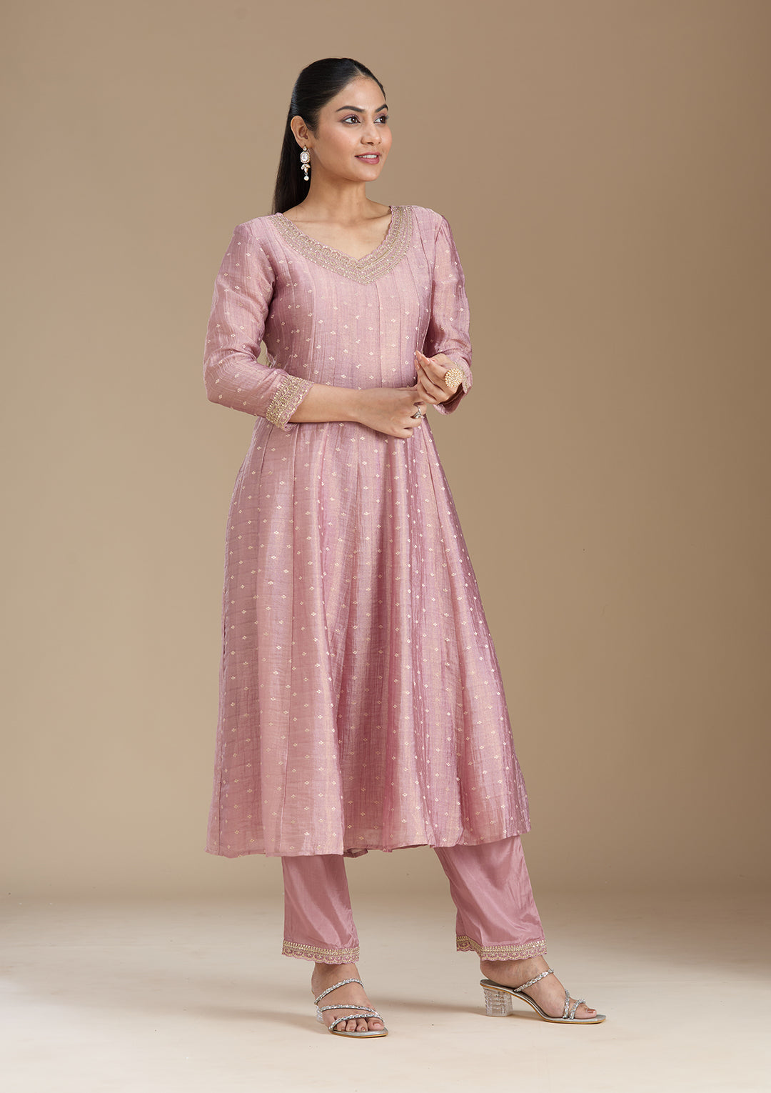 Mauve Zariwork (Gold) Tissue Readymade Salwar Suit