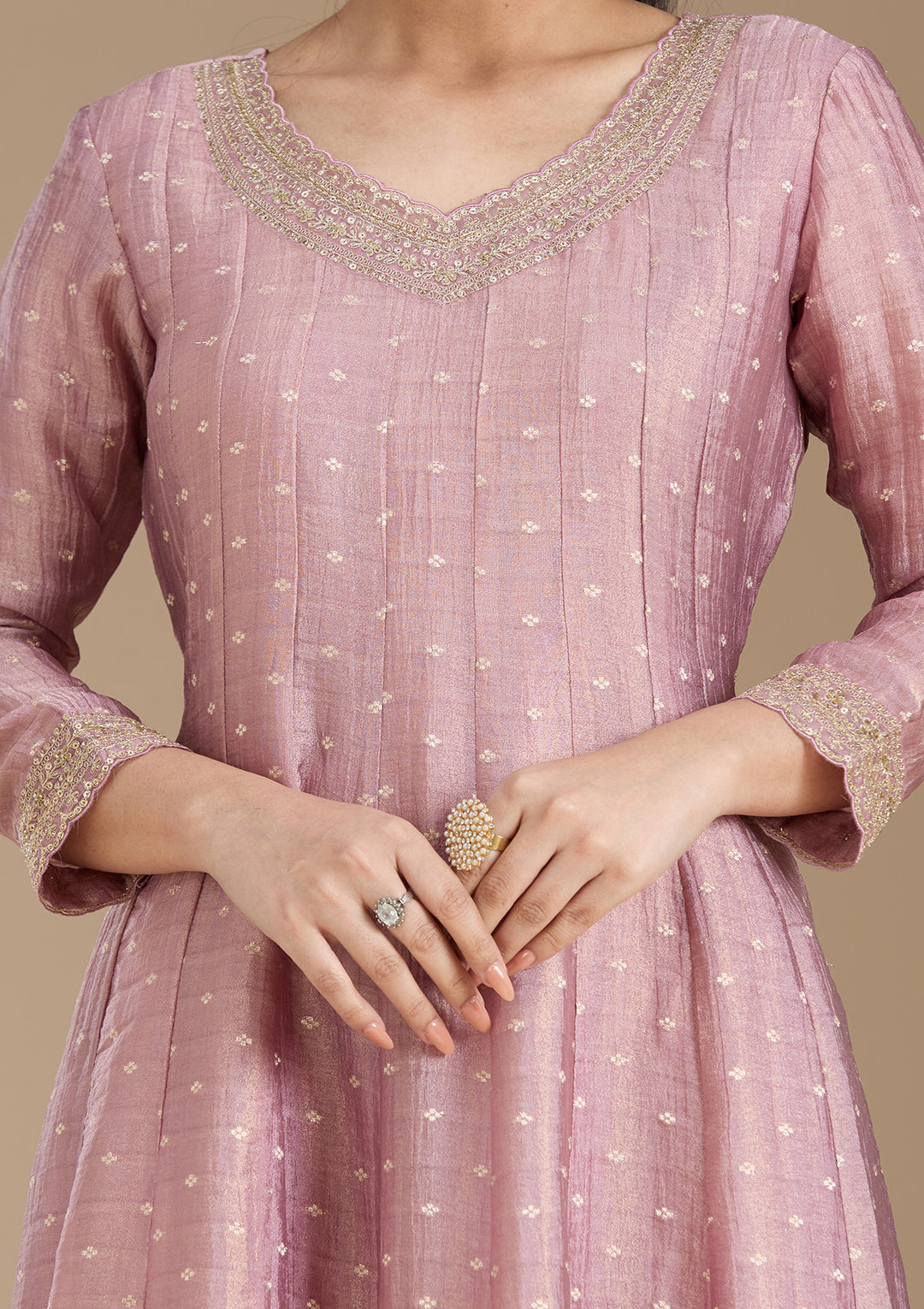 Mauve Zariwork (Gold) Tissue Readymade Salwar Suit