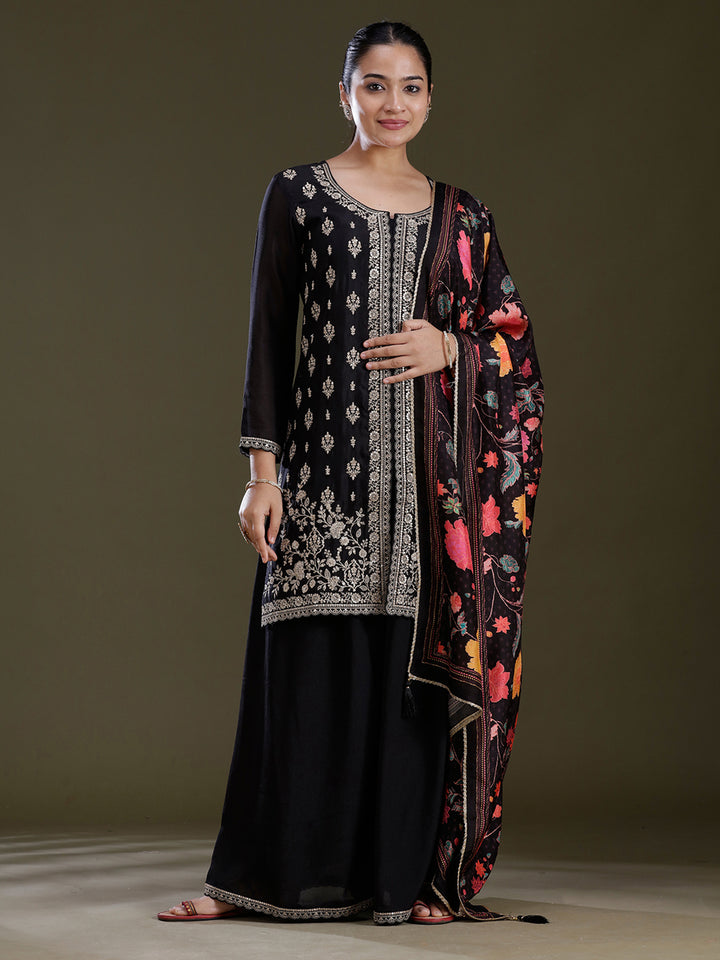 Black Zariwork (Gold) Chinon Readymade Salwar Suit