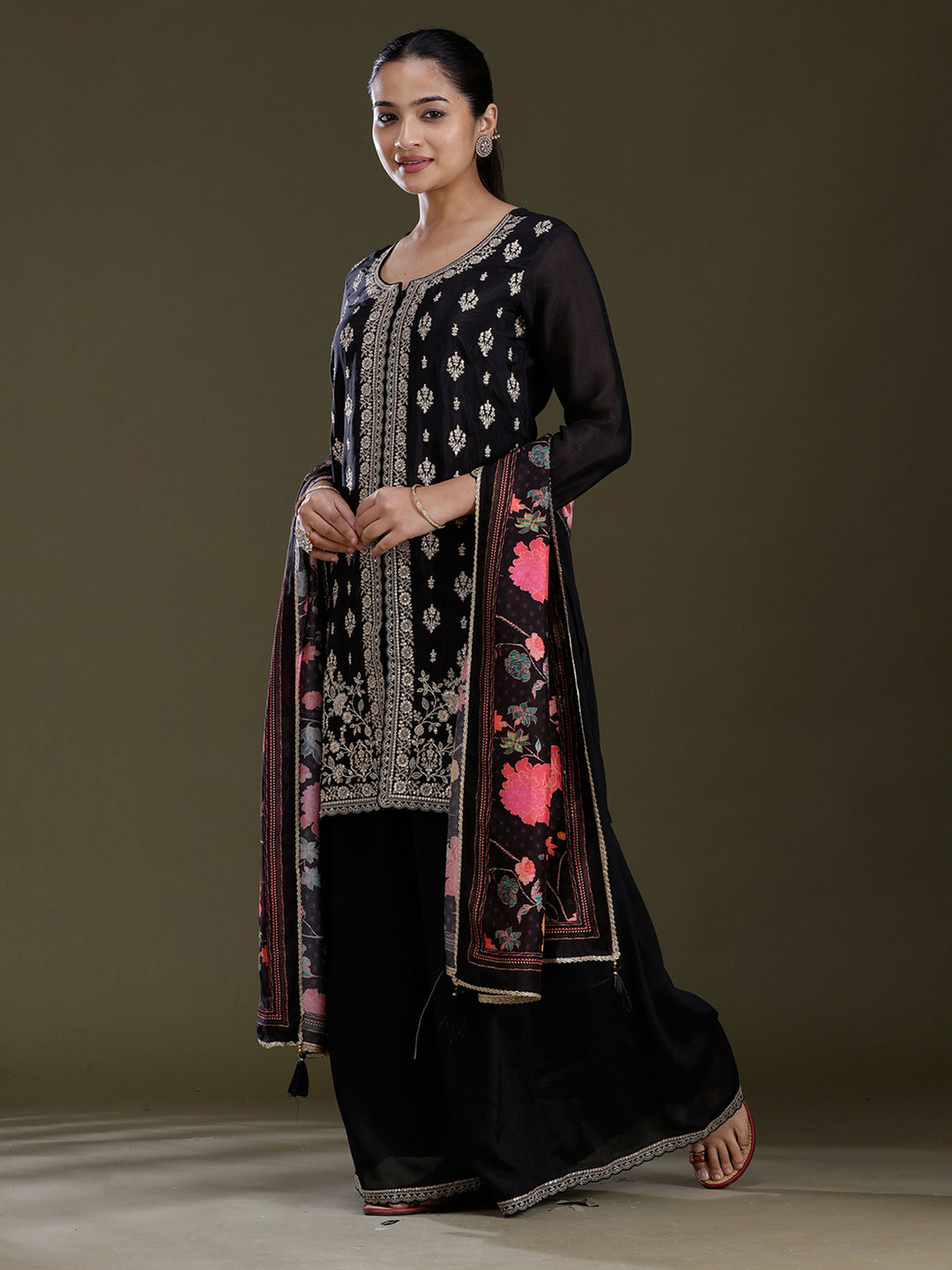 Black Zariwork (Gold) Chinon Readymade Salwar Suit