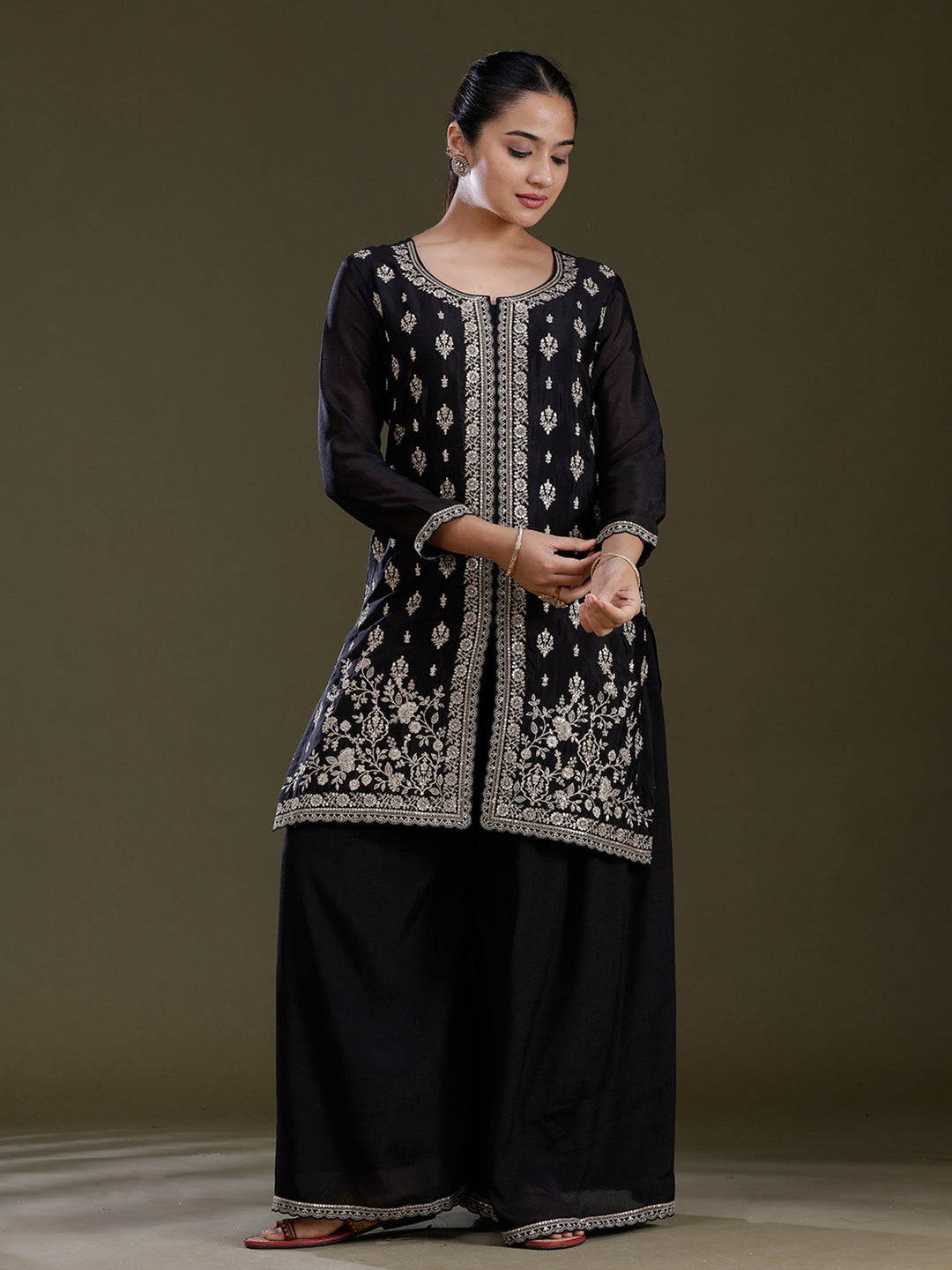 Black Zariwork (Gold) Chinon Readymade Salwar Suit