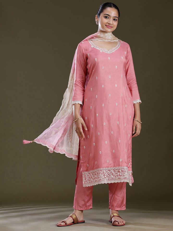 Peach Threadwork Dola Silk Readymade Salwar Suit