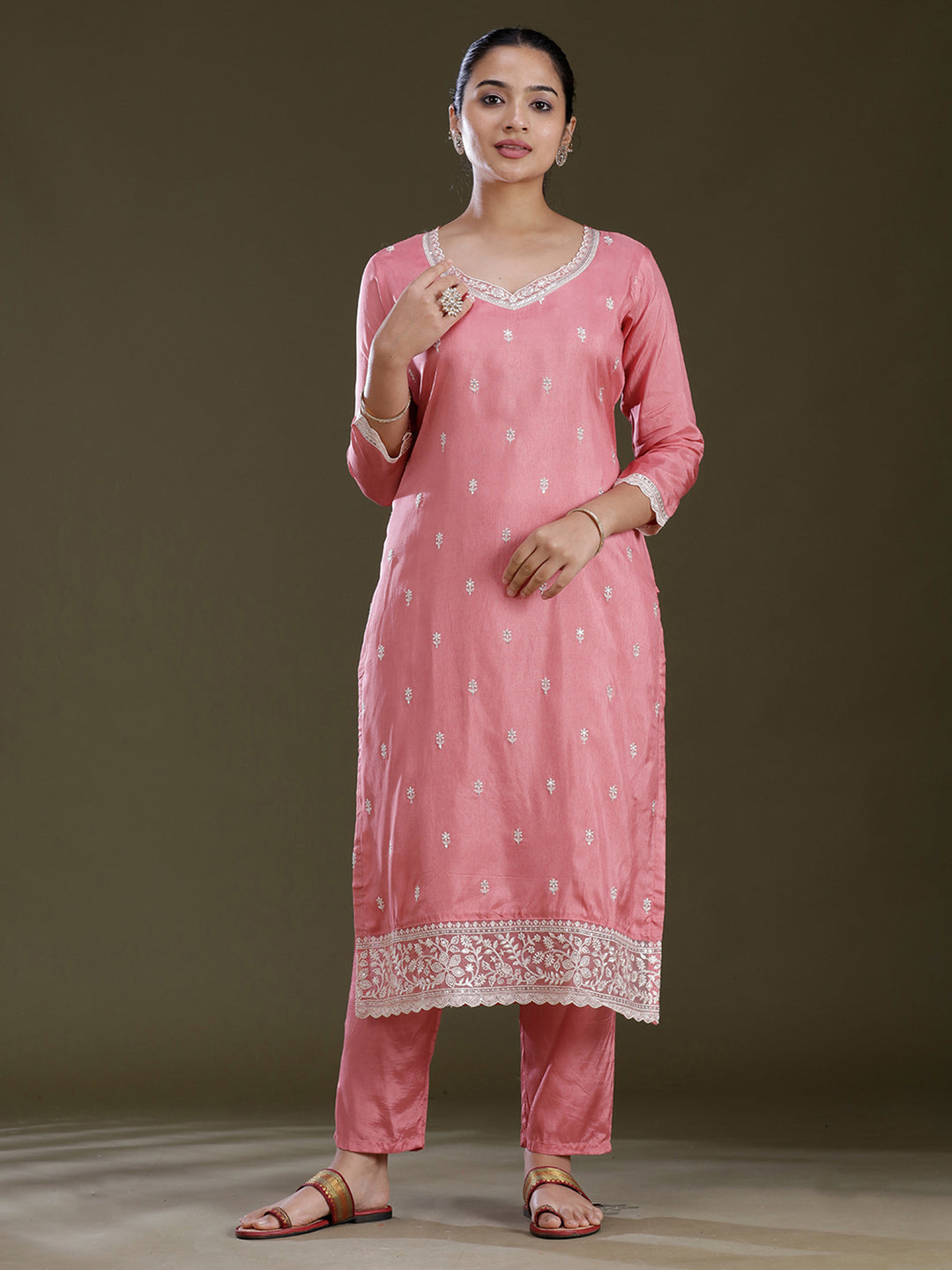 Peach Threadwork Dola Silk Readymade Salwar Suit