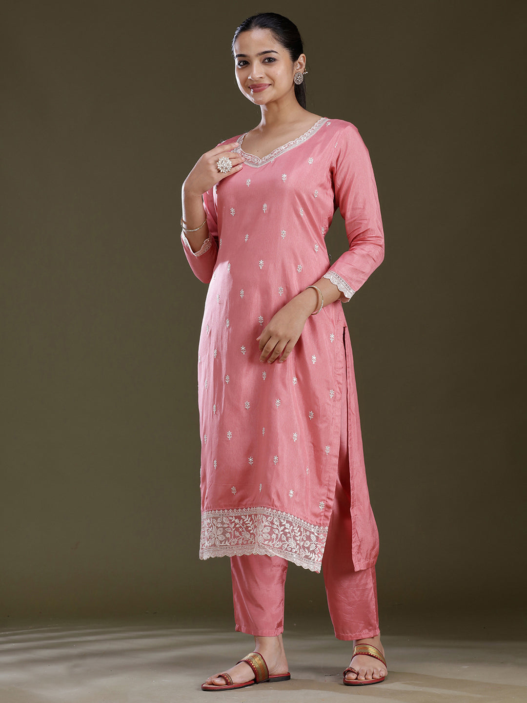 Peach Threadwork Dola Silk Readymade Salwar Suit