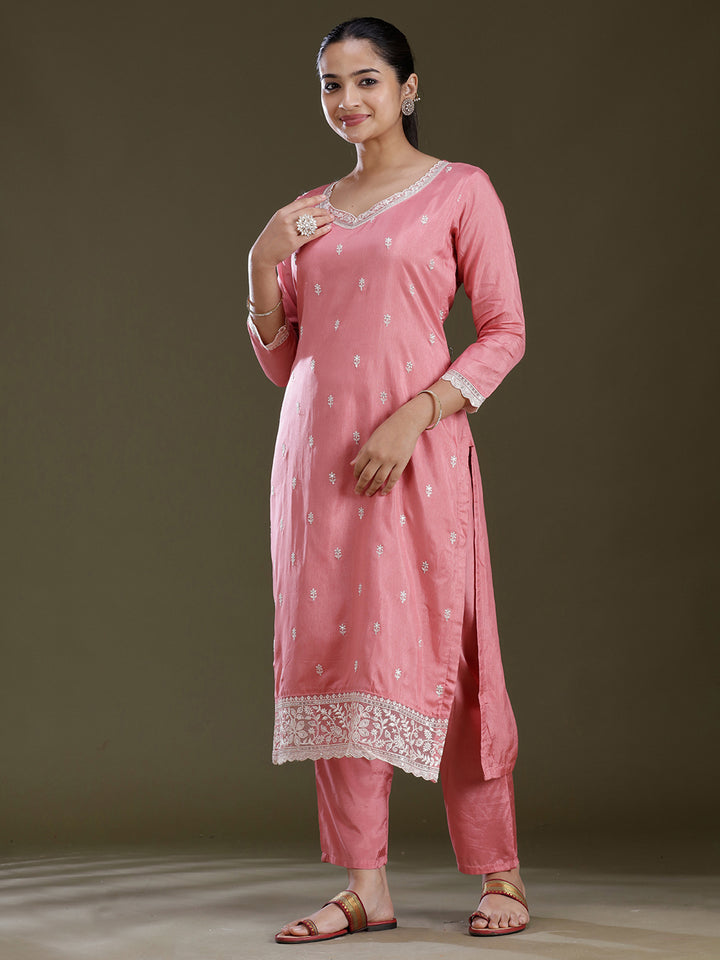 Peach Threadwork Dola Silk Readymade Salwar Suit