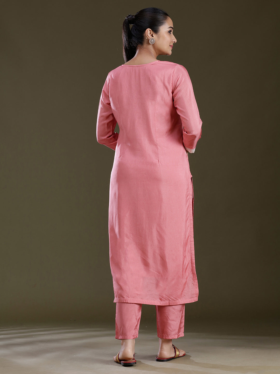 Peach Threadwork Dola Silk Readymade Salwar Suit
