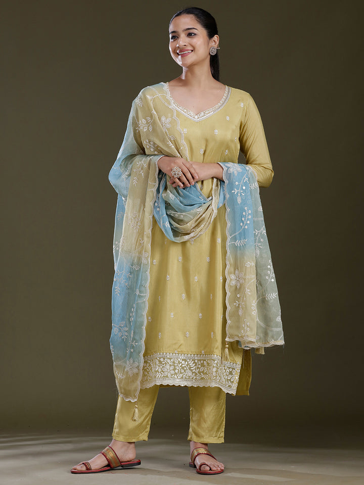 Leaf Green Threadwork Dola Silk Readymade Salwar Suit