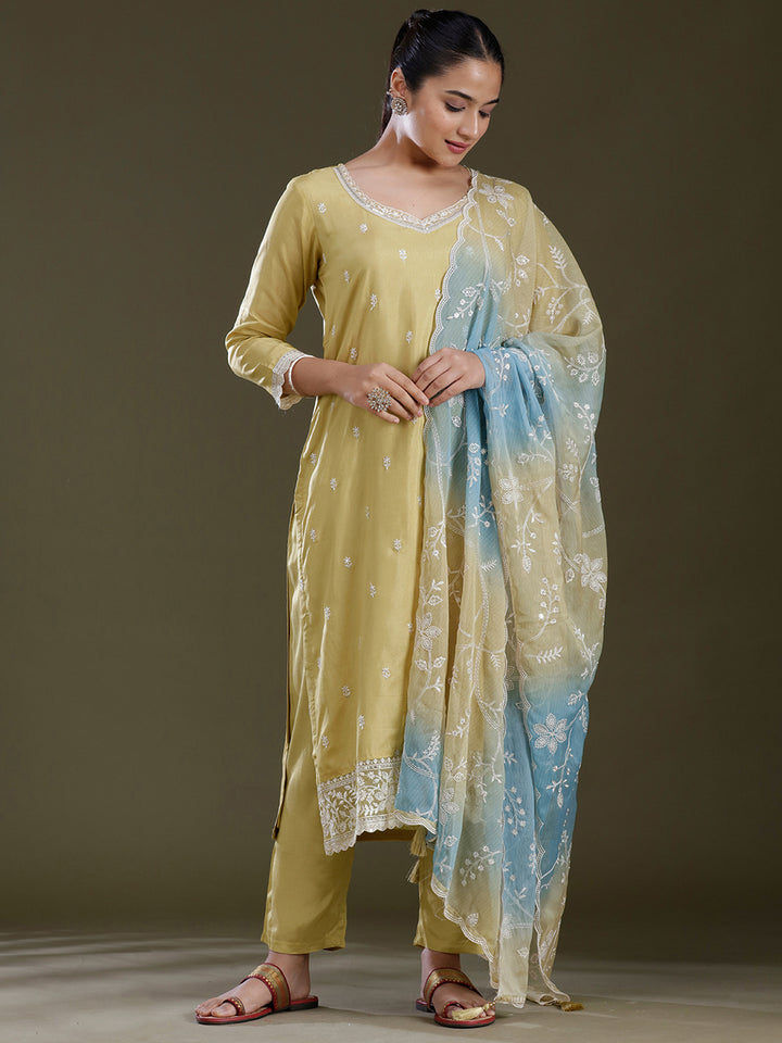 Leaf Green Threadwork Dola Silk Readymade Salwar Suit