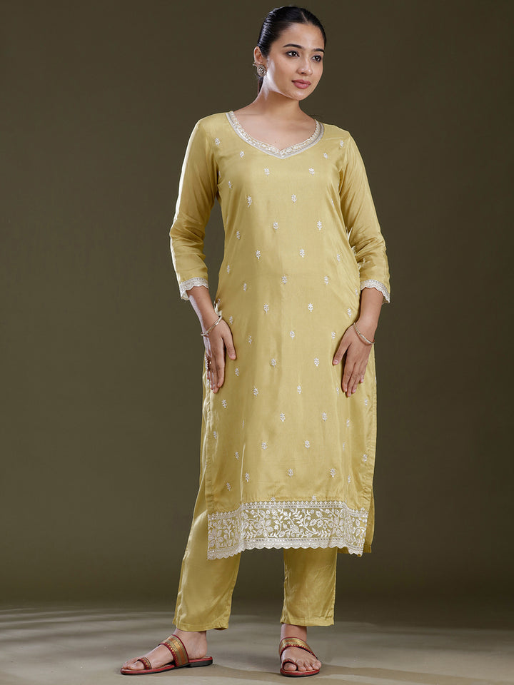 Leaf Green Threadwork Dola Silk Readymade Salwar Suit