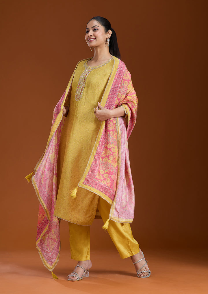 Mehendi Green Soft Raw Silk Threadwork Straight Kurta With Regular Pant And Dupatta