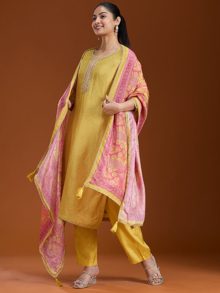 Mehandi Green Threadwork Soft Raw Silk Readymade Salwar Suit