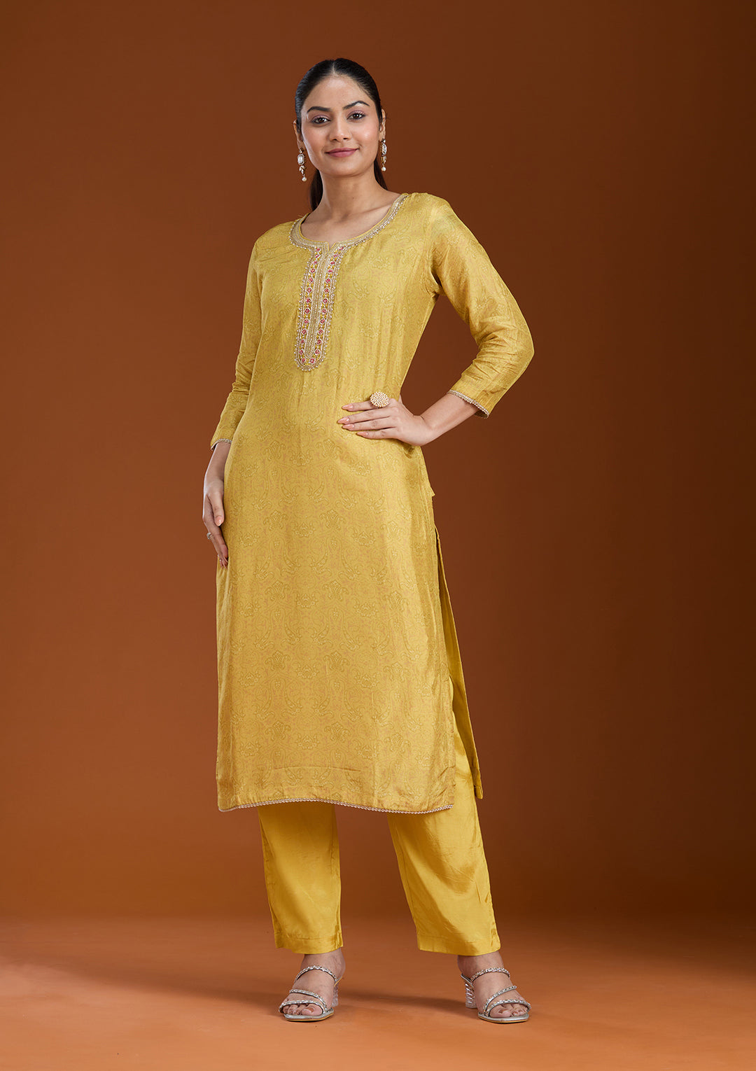 Mehendi Green Soft Raw Silk Threadwork Straight Kurta With Regular Pant And Dupatta