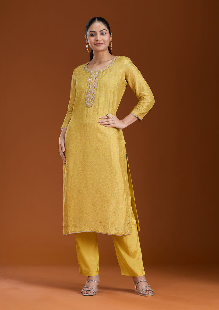 Mehendi Green Soft Raw Silk Threadwork Straight Kurta With Regular Pant And Dupatta