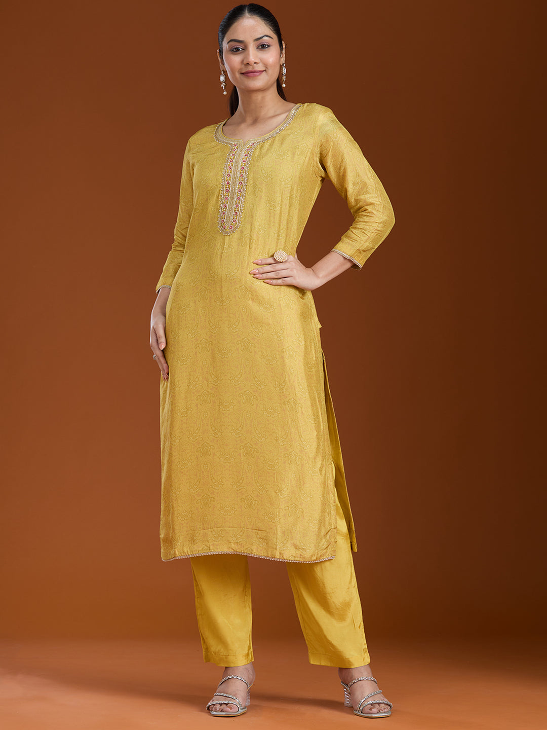 Mehandi Green Threadwork Soft Raw Silk Readymade Salwar Suit