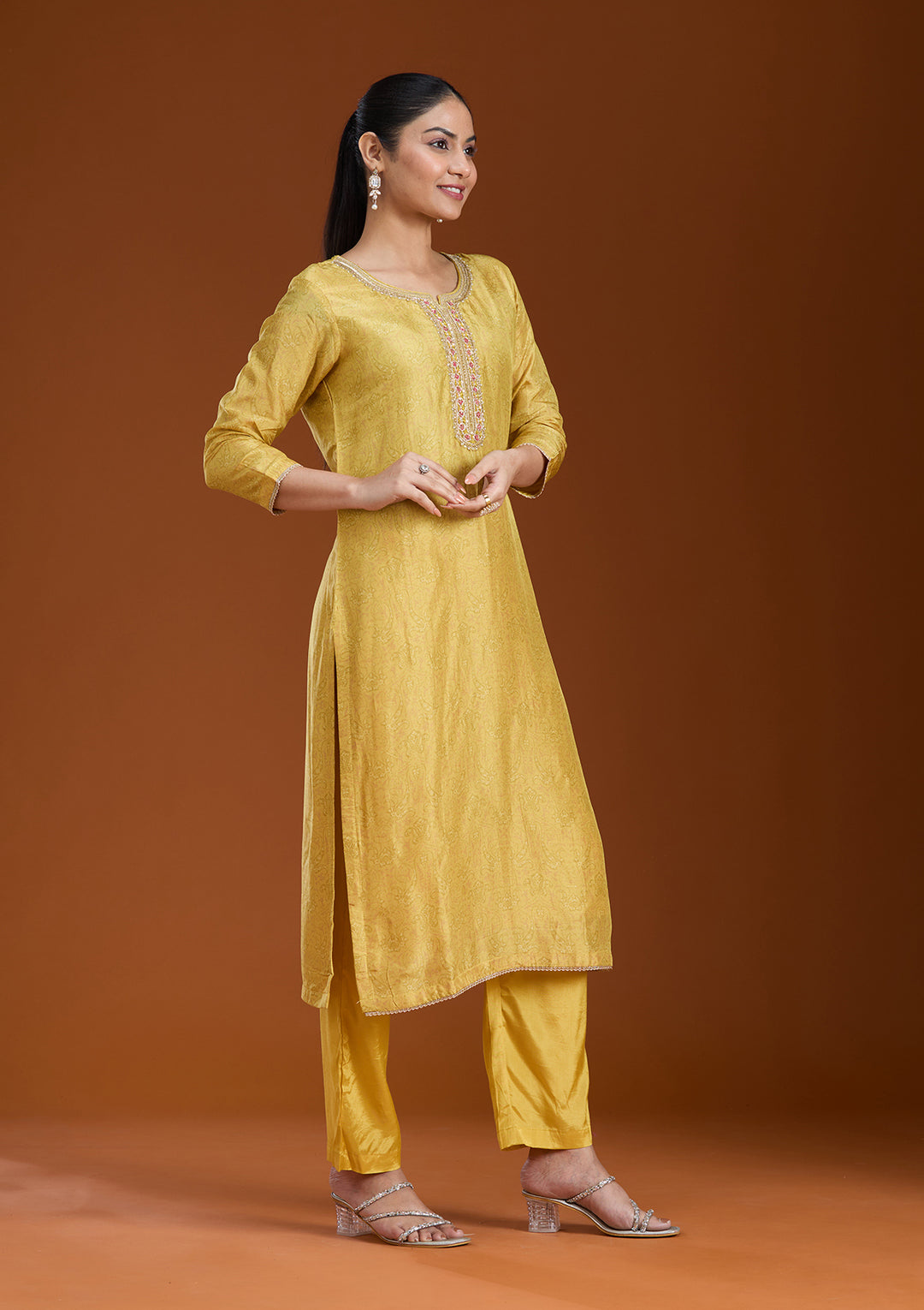 Mehendi Green Soft Raw Silk Threadwork Straight Kurta With Regular Pant And Dupatta