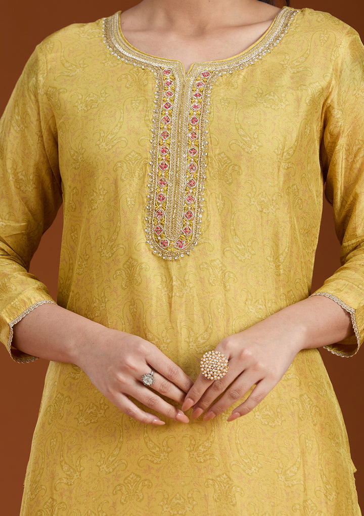 Mehendi Green Soft Raw Silk Threadwork Straight Kurta With Regular Pant And Dupatta