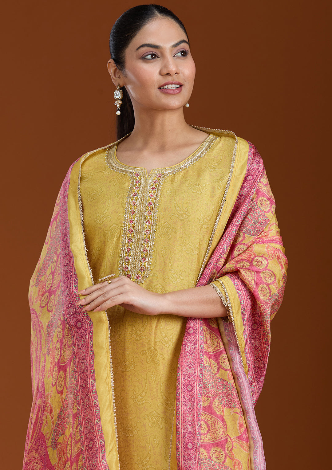 Mehendi Green Soft Raw Silk Threadwork Straight Kurta With Regular Pant And Dupatta