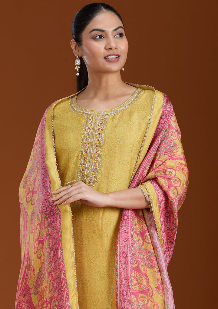 Mehendi Green Soft Raw Silk Threadwork Straight Kurta With Regular Pant And Dupatta