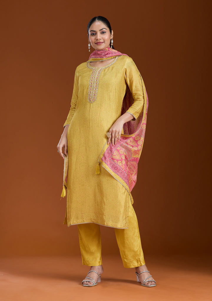 Mehendi Green Soft Raw Silk Threadwork Straight Kurta With Regular Pant And Dupatta