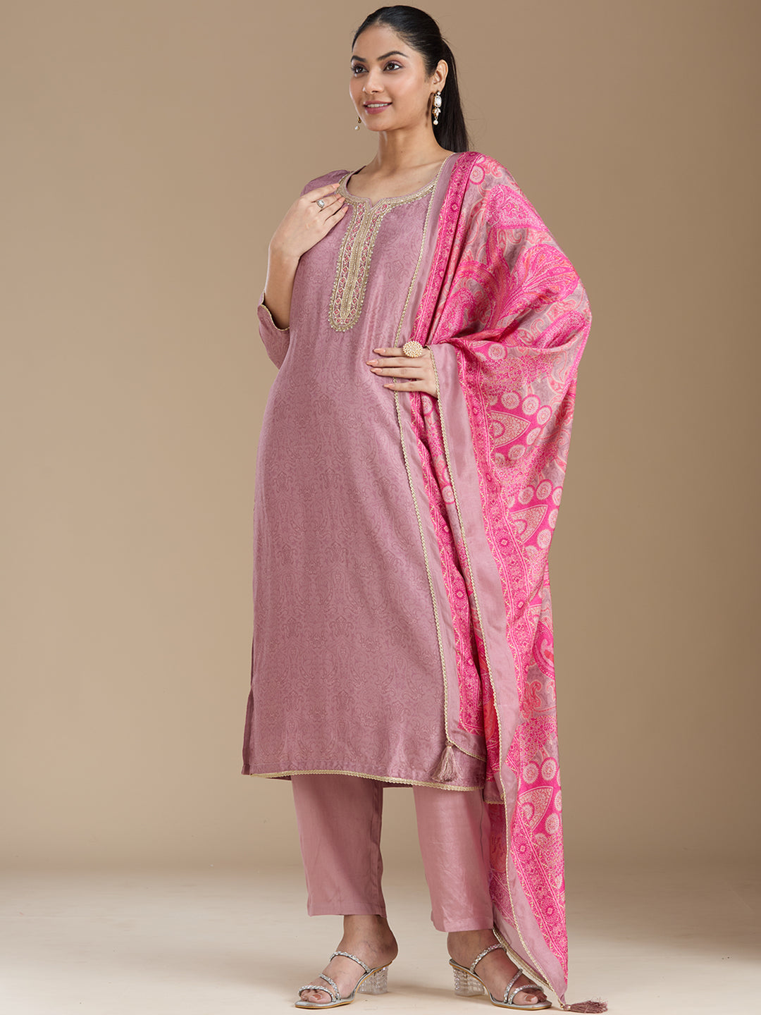 Mauve Threadwork Soft Raw Silk Readymade Salwar Suit