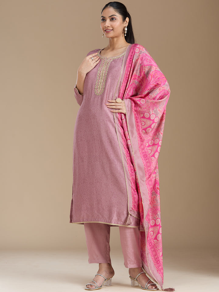 Mauve Threadwork Soft Raw Silk Readymade Salwar Suit