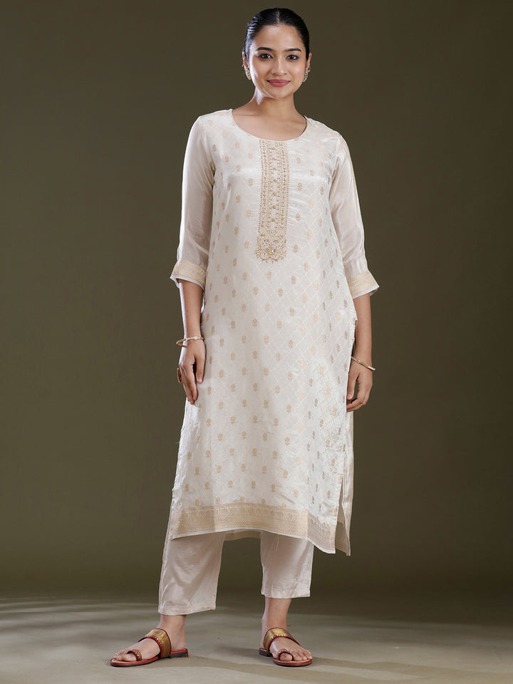 Cream Zariwork (Gold) Tissue Readymade Salwar Suit