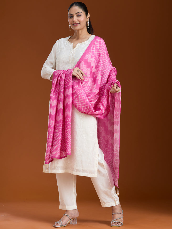 Cream Rani Pink Chanderi Threadwork Straight Kurta With Pant Regular And Dupatta