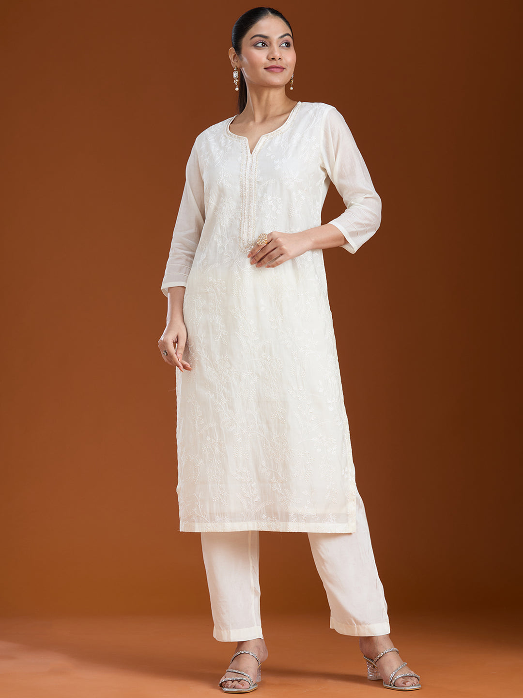 Cream Rani Pink Chanderi Threadwork Straight Kurta With Pant Regular And Dupatta