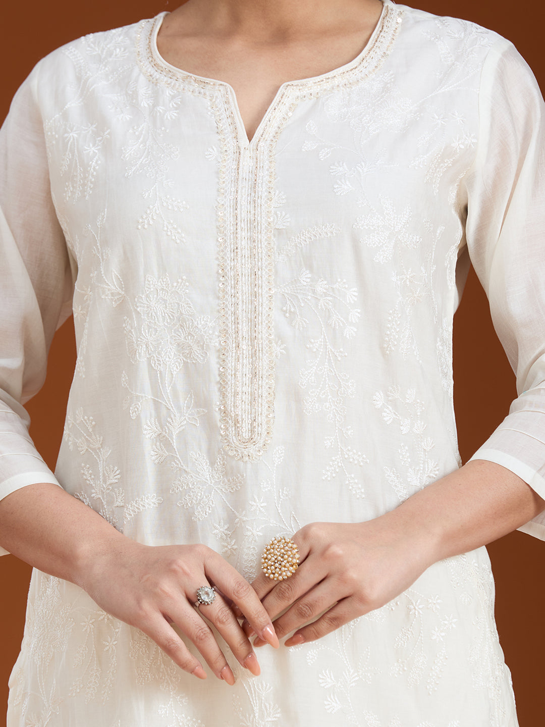 Cream Rani Pink Chanderi Threadwork Straight Kurta With Pant Regular And Dupatta