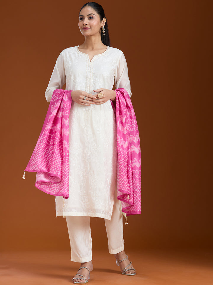 Cream Rani Pink Chanderi Threadwork Straight Kurta With Pant Regular And Dupatta